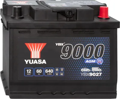 A black car battery with branding and specifications visible.