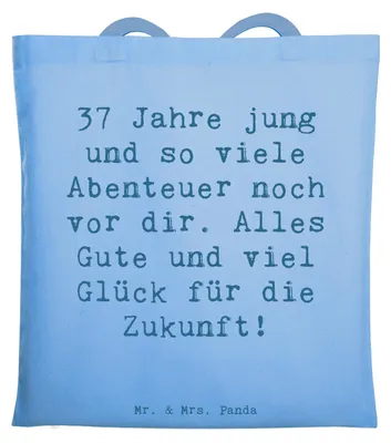 Produktbild von Mr. & Mrs. Panda Tote Bag Spruch 37. Geburtstag Abenteuer - Sky Blue - Geschenk, Laptoptasche, Jutebeutel, unvergesslich, Liebe, Schultasche, Happy Birthday, viel Glück