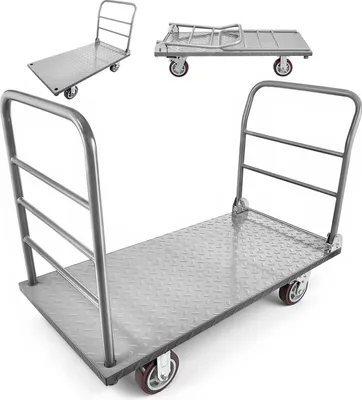 Zdjęcie produktu dla Wózek platformowy SucceBuy, składany, 1202 kg, wózek transportowy do ciężkich ładunków z zdejmowaną barierką i obrotowymi kółkami, wózek przemysłowy do supermarketów, garaży i magazynów, 1220 x 610 x 920 mm Wózek transportowy