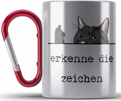 Produktbild von Trendation - Erkenne Die Zeichen Edelstahl Tasse Karabiner Katze Katzenliebhaber Mittelfinger Geschenk für Frauen Kollegin (Rot)