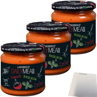 Produktbild von Langbeins DailyMeal Tomate-Basilikum Suppe 3er Pack (3x350ml Glas) + usy Block