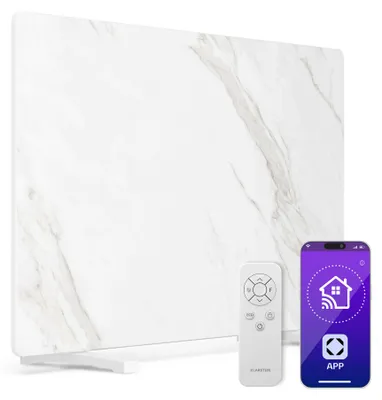 Produktbild von Klarstein Infrarotheizung 600W – Wandmontage & Standgerät, Thermostat, App-Steuerung, Marmoroptik, IP43, Überhitzungsschutz, für Bad & Wohnzimmer, elektrische Wandheizung, Weiß
