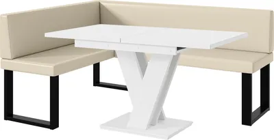 Produktbild von MEBLINI Eckbank für Esszimmer mit ausziehbarem Tisch  - Küchenbank - Essecke - Sitzecke Küche - TONI - U-Beine 128x168x87cm Links - Creme Kunstleder/M Weiß Matt
