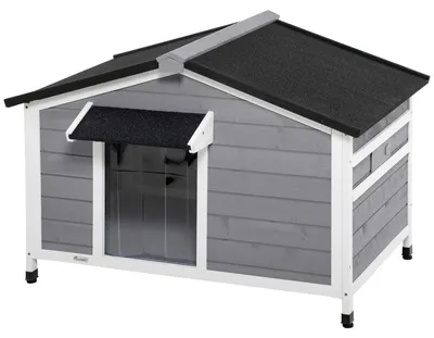 Image de Cabanon pour chien - Maison pour chien - Bois massif de sapin - Résistant aux intempéries - Toit en bitume - Sol amovible - 109 x 79 x 72 cm - Noir, gris et blanc