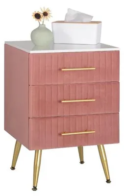 Image de Table de chevet - Rose - Doré - Velours - 3 tiroirs - Chambre à coucher - 40,5 x 41 x 62 cm - MDF, métal, velours et bois - 80 kg