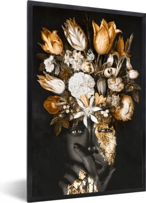 Produktbild von MuchoWow® MuchoWow® Gerahmtes Poster Frau - Blumen - Gold 40x60 cm - Poster mit zchwarzem Bilderrahmen - Papierdruck - Wandbilder