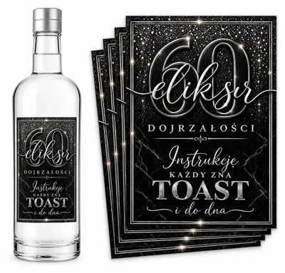 Produktbild von Flaschenetiketten – zum 60. Geburtstag – „Eliksir Dojrzałości” – Schwarz-Silber – 8 Stück