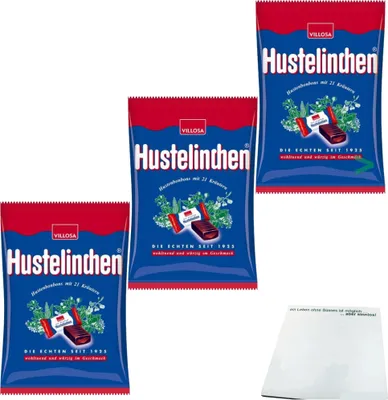 Produktbild von Villosa Hustelinchen Bonbons Kräuterbonbons Hustenbonbons mit Lakritz 3er Pack (3x150g) + usy Block