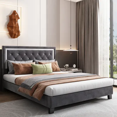 Obrázek produktu pro Merax Čalouněná postel 140x200 cm s výškově nastavitelným čelem a lamelovým roštem, masivní dřevěná postel pro mládež Dvoulůžko v sametové barvě, šedá