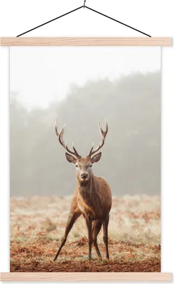 Produktbild von MuchoWow® Textilposter Hirsche - Wald - Nebel 40x60 cm mit holzfarbenen Rahmen - Poster