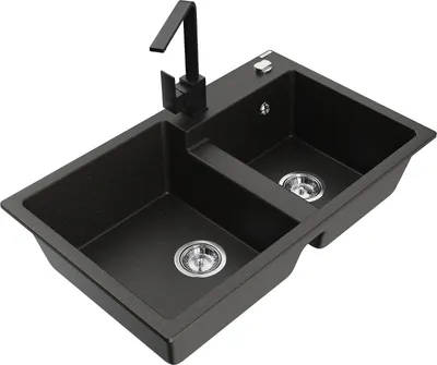 Produktbild von Mexen Tomas 2-Becken-Granitspüle mit Mischbatterie Rita, Schwarz/Gold metallisch - 6516-75-670300-70