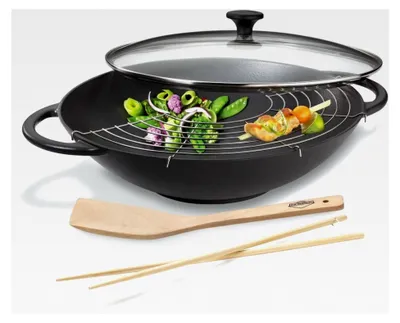 Produktbild von Wok mit Glasdeckel, Schwarz, 45,5 x 36 x 9,5 cm