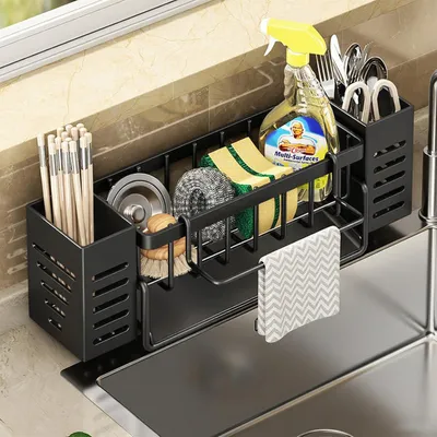 Productafbeelding van Gootslanghouder zwart, metaal, met afvoerpan, opslagbox, voor keuken
