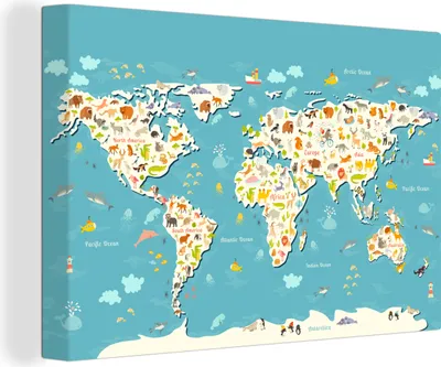 Produktbild von OneMillionCanvasses® - Leinwandbilder - 150x100 cm, Weltkarte - Kinder - Tiere - Kinder - Jungen - Mädchen, Wandbilder Kunstdruck Wanddekoration