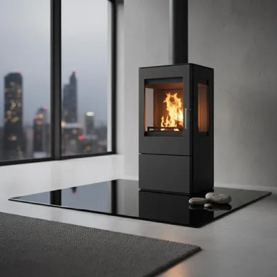 A modern living room with a fireplace and a city view.
