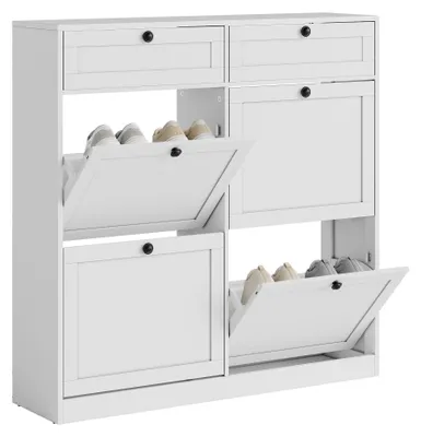 Imagen del producto de Zapatero de pie con 4 puertas abatibles y 2 cajones, estante para zapatos de MDF, color blanco