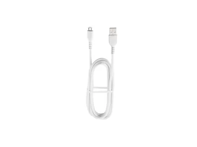 A white USB A to Micro-USB cable coiled on a white background.