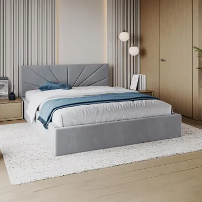 Produktbild von FDM Bett SUNSET Trinity 120x200 cm Polsterbett mit Lattenrost aus Metall Bettkasten Stauraumbett Samt grau