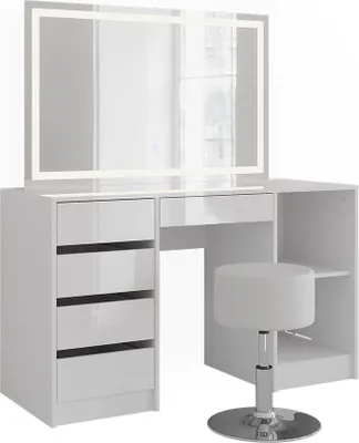 Produktbild von Schminktisch Vicco Sherry Weiß/Weiß Hochglanz 128.2 cm mit LED-Spiegel und Hocker, Model 57630
