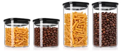 Image de Ensemble de bocaux de conservation Arendo, comprenant 2 bocaux de 800 ml et 2 bocaux de 1200 ml, avec couvercles en verre, hermétiques grâce à un joint en silicone. Ces 4 bocaux sont carrés, fabriqués en verre borosilicaté transparent