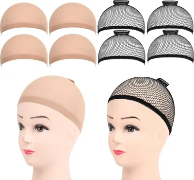 Produktbild von 8 Stück Haarnetz Nylon Wig Cap Perücke Kappen, Perückenkappe Set Perückennetz Unterziehhaube Dehnbare Elastische Atmungsaktive 4 Nackt Beige Perückenkappen, 4 Schwarze Haarnetz