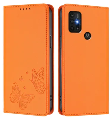 Obrázek produktu pro Kožené pouzdro pro Motorola Moto G30 / G20 / G10, motýlí ražbou, peněženkové flip pouzdro se stojánkem Oranžová