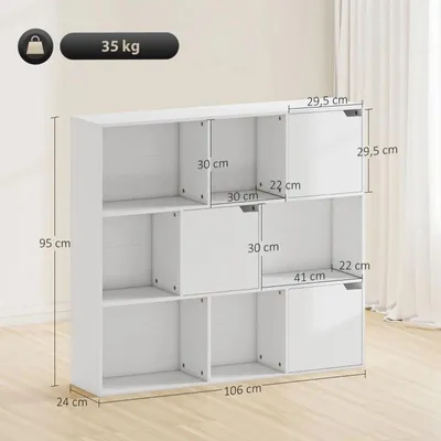 Produktbild von Bücherregal - Aufbewahrungsschrank - 9 Fächer - 3 Türen - 6 Offene Ablageflächen - 106 x 24 x 95 cm - MDF-Holzwerkstoff - Weiß
