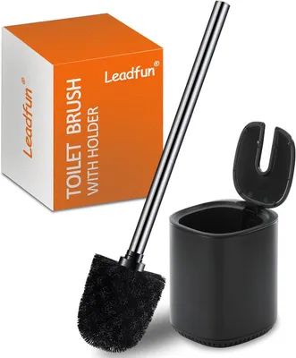 Image de Ensemble de brosses pour toilettes avec manche en acier inoxydable, modèle autoportant, avec support automatique, de couleur noire, pour salle de bain