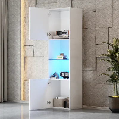 A white cabinet with open doors and illuminated shelves, placed against a textured wall.