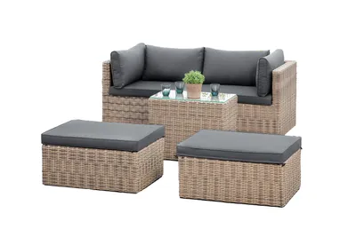 An outdoor lounge set with a sofa and two ottomans, arranged on a white background.