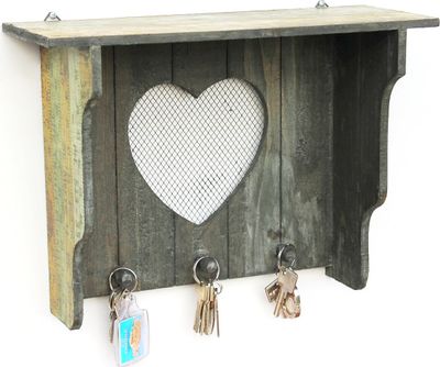 DanDiBo Schlüsselleiste mit Ablage Holz A12020 Wandregal mit Herz Schlüsselregal Schlüsselbrett Schlüsselboard Schlüsselhaken Wandkosole Vintage Shabby Hakenleiste Regal Briefablage