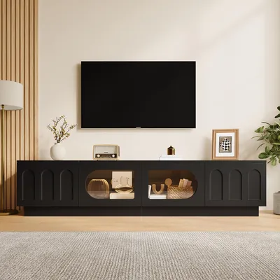Produktbild von Merax TV Lowboard mit Bogentüren und Glastüren, TV Schrank mit LED Beleuchtung per App, Fernsehschrank mit Kabeldurchlass, Kabeldurchführung, Schwarz