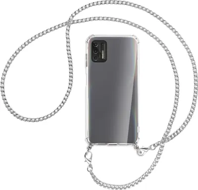 Produktbild von Handykette Backcover-Schutzhülle mit Band (Metall silberfarben) für Motorola Moto G Pro 2021 - silberfarbene Kette