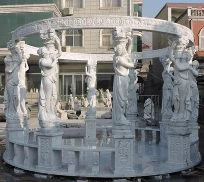Produktbild von Casa Padrino Luxus Jugendstil Garten Pavillon Weiß Ø 500 x H. 300 cm - Runder Marmor Pavillon mit edlen Statuen und integrierten Sitzbänken - Prunkvolle Barock & Jugendstil Garten Deko