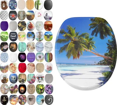 A collage of various toilet seat designs and a single toilet seat with a tropical beach scene.