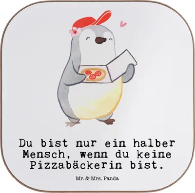 Produktbild von Mr. & Mrs. Panda Holzuntersetzer Pizzabäckerin Herz - Weiß - Geschenk, Untersetzer Tasse, gläseruntersetzer, Spruch, Lustig, Lieferbringdienst, Gläser, Tassen, Witzig