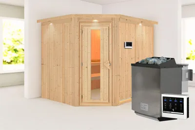 Produktbild von Karibu Sauna Innensauna Malin Eckeinstieg Ofen 9 kW externe Strg easy 245x210x202 cm mit Dachkranz mit Energiespartür