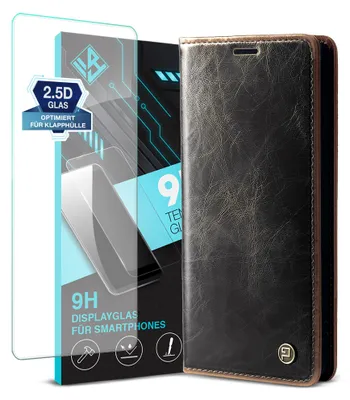 Produktbild von Handyhülle für Samsung Galaxy A56 5G mit 9H Displayglas Kunstleder Klapphülle Vintage Cover Hülle RFID Schutz Case Kartenfach Farbe: Dunkelbraun