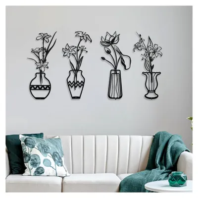 Produktbild von 4 Stück Metall Wanddekoration Schwarz, Blumen Wandbilder, Blume und Vase Deko für Wohnzimmer, Minimalistische Wandkunst für Schlafzimmer, Wohnzimmer, Hotels und Flure