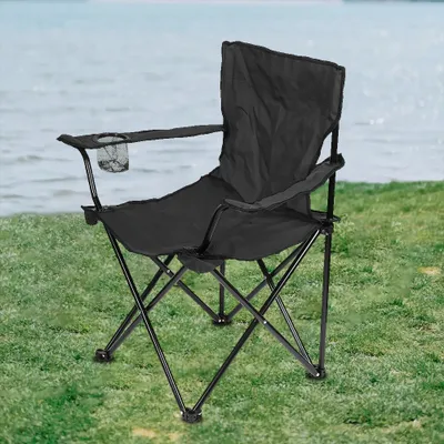 Image de Chaise pliante Chaise de camping avec porte-boisson Chaise de pêcheur Noir