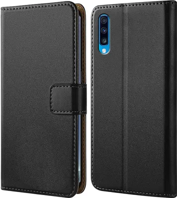 A black flip case for a smartphone is shown from the front and back.