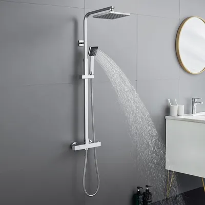 Produktbild von Auralum Thermostat Duschsäule, chrom Duschsystem mit höhenverstellbarer Duschstange, drehbare Kopfbrause, moderne Duscharmatur für Badezimmer