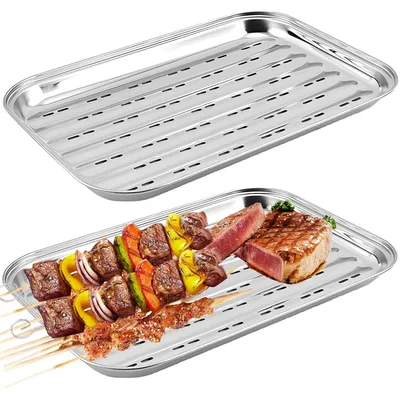 Productafbeelding van Grillpan - Roestvrij staal - 34,9 x 24,5 x 2,7 cm - Set van 2 - Herbruikbaar