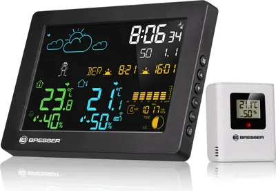 A digital weather station and its remote sensor are displayed on a white background.