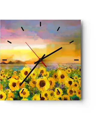 Produktbild von Wanduhr - Quadrat - Glasuhr - Sonnenblumen Blume - 40x40cm - Schleichendes Uhrwerk - Lautlos - zum Aufhängen bereit - Dekoration Modern - Wanddekoration aus Glas - C3AC40x40-3775