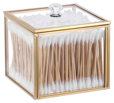 Image de Boîte en verre pour cotons démaquillants avec couvercle en verre, support doré pour cotons démaquillants, boîte de rangement décorative pour la salle de bain, la chambre à coucher ou le bureau, idée cadeau pour femmes, 10,1 x 10,1 x 8,6 cm