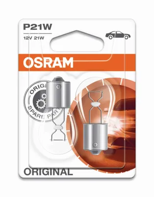 Produktbild von OSRAM ORIGINAL P21W Halogen-Signallampe, Nebelschluss-/Brems-/Schluss- und Rückfahrlicht, Blinker hinten /vorne, 7506-02B, 12V PKW, Doppelblister (2 Stück)