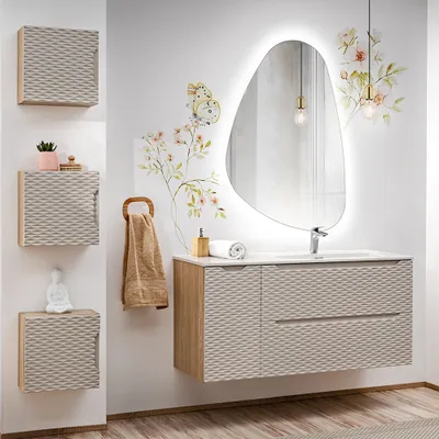 Produktbild von Badmöbel Set 5-teilig mit 120cm Waschtisch, Eiche mit beige, OLUO-56-BEIGE