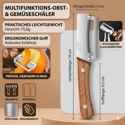 Produktbild von Premium Edelstahl Multifunktionsschäler 18,5cm mit Massivholzgriff, Sparschäler