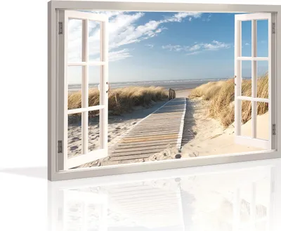 Produktbild von 120 x 80 cm Bild auf Leinwand Fenster Blick Nordsee Ostsee Düne Fensterblick 5007-SCT deutsche Marke und Lager